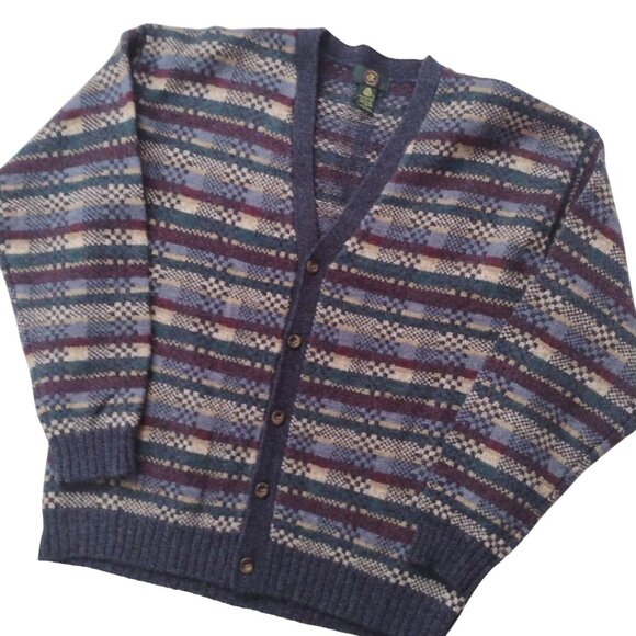 Vintage 90s Fair Isle Mens Shetland Wool Sweater M Blue Grandpa Cardigan - Picture 1 of 10